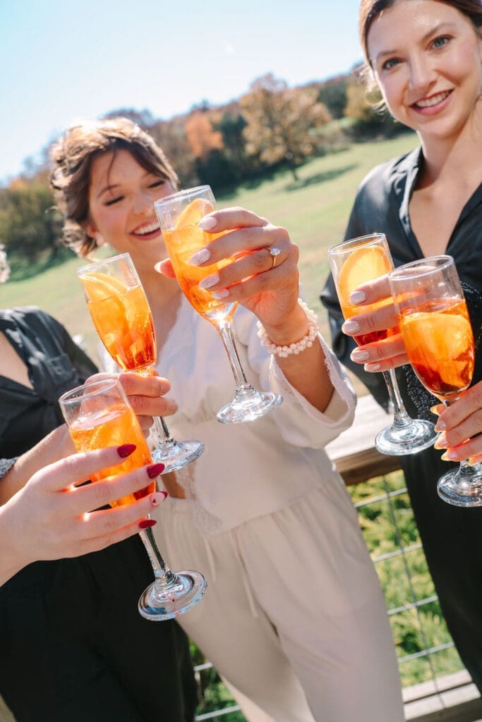 bride and bridesmaids toast with champagne drinks at Sassafras Springs Vineyard and Winery