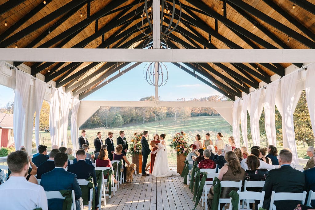 wide shot of the ceremony at Sassafras Springs Vineyard and Winery